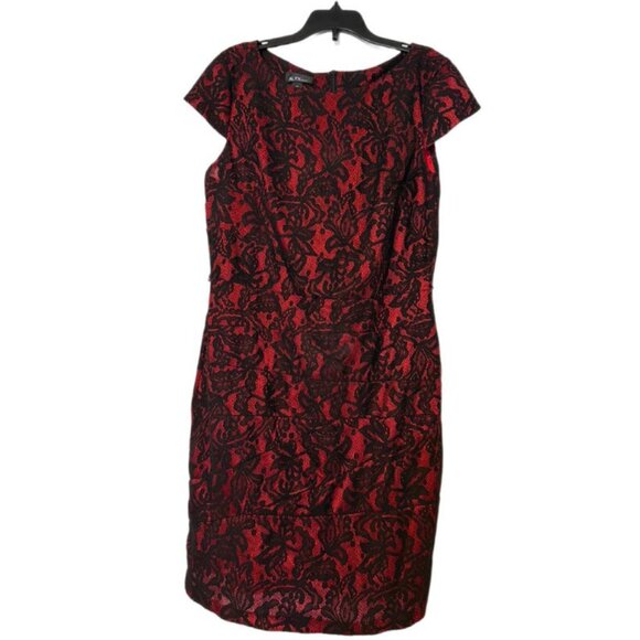 Alyx Red Black Lace Dress Size 12 Sheath Bodycon Elegant Party No Belt - Picture 3 of 7